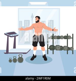 Homme faisant des exercices dans la salle de gym. Illustration vectorielle dans le style plat. Illustration de Vecteur