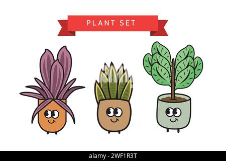 Ensemble de plantes en pot de dessin animé mignon. Illustration vectorielle dessinée à la main. Illustration de Vecteur