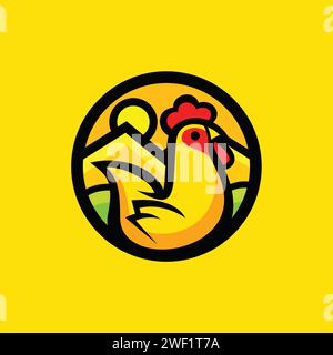 Un design amusant avec un poulet avec un fond de montagne pour représenter une ferme avicole et l'agriculture. Illustration de Vecteur