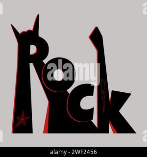 Rock texte en noir et rouge. Symbole décoratif stylisé Illustration vectorielle imprimable isolé sur un fond gris clair Illustration de Vecteur