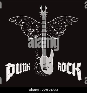 Affiche Punk Rock guitare électrique, ailes et texte stylisés symboles décoratifs imprimables Illustration vectorielle isolée sur fond noir Illustration de Vecteur