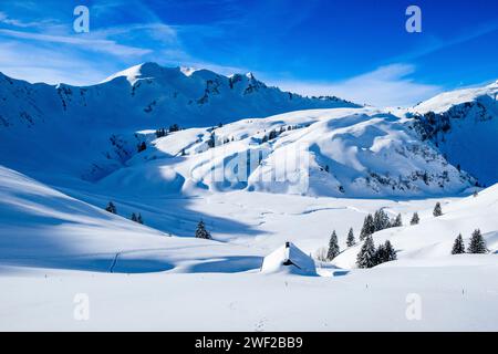 La montagne Riedberger Horn dans un paysage hivernal dans la vallée de Kleinwalsertal, vue depuis le col de Gerachsattel. Banque D'Images