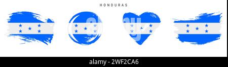 Honduras dessiné à la main drapeau style grunge ensemble d'icônes. Bannière hondurienne aux couleurs officielles. Forme de trait de pinceau libre, cercle et en forme de coeur. Vecteur plat illu Illustration de Vecteur