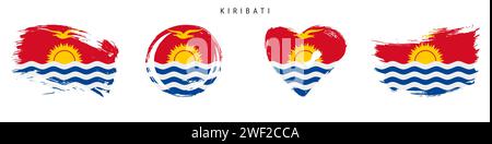 Jeu d'icônes de drapeau de style grunge dessiné à la main Kiribati. Bannière de la République de Kiribati aux couleurs officielles. Forme de trait de pinceau libre, cercle et en forme de coeur. Plat Illustration de Vecteur