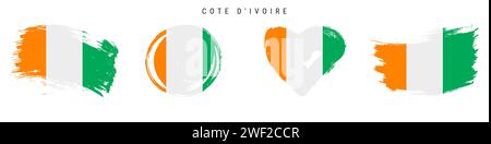 Côte d'Ivoire dessin à la main drapeau style grunge ensemble d'icônes. Bannière Côte d'Ivoire aux couleurs officielles. Forme de trait de pinceau libre, cercle et en forme de coeur. vec plat Illustration de Vecteur
