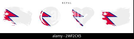 Népal dessiné à la main drapeau style grunge jeu d'icônes. Bannière népalaise aux couleurs officielles. Forme de trait de pinceau libre, cercle et en forme de coeur. Illustration vectorielle plate Illustration de Vecteur
