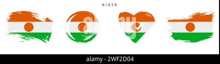 Niger dessiné à la main drapeau style grunge ensemble d'icônes. Bannière nigériane aux couleurs officielles. Forme de trait de pinceau libre, cercle et en forme de coeur. Vecteur plat illustr Illustration de Vecteur