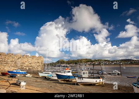 Royaume-Uni, pays de Galles, Gwynedd, Conwy (Conway), Lower Gate Street, bateaux amarrés dans l'estuaire d'Afon Conwy au bout du mur de la ville Banque D'Images