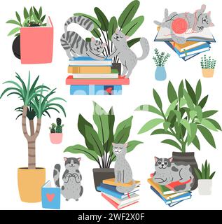 Chats, livres et plantes d'intérieur ensemble. Amour de la lecture concept de plante d'intérieur et chat à la maison avec pile de livres illustration vecteur Illustration de Vecteur