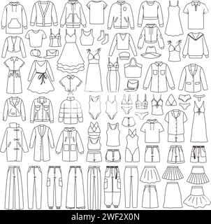 Différents vêtements dans le style de contour. Vêtements de femme comprend vestes, pantalons, chapeaux, manteau, chandails, robes, jupes et chaussettes. Vecteur d'illustration de contour de style de mode de collection Illustration de Vecteur