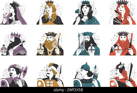 Collection vectorielle de cartes à jouer. Roi, reine, valet de différents costumes. Illustration de la carte de jeu de casino, conception de jeu de collection Illustration de Vecteur
