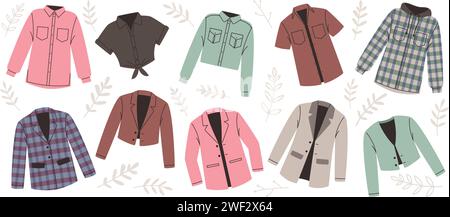 Ensemble de vestes et chemises pour femmes, collection vectorielle sur fond blanc. Illustration de vêtements de veste, chemise de mode, textile de dessin de jupe de vêtement Illustration de Vecteur