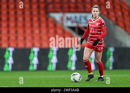 Liège, Belgique. 27 janvier 2024. Constance Brackman (20) de Standard photographiée lors d'un match de football féminin entre Standard Femina de Liège et AA Gent Ladies lors du 15e jour de la saison 2023 - 2024 dans la Super League Belgian Lotto Womens, le samedi 27 janvier 2024 à Liège, BELGIQUE . Crédit : Sportpix/Alamy Live News Banque D'Images