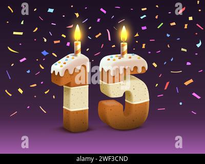 Joyeux anniversaire, anniversaire d'anniversaire de personne, bougie avec gâteau sous la forme de numéros 15. Vecteur Illustration de Vecteur