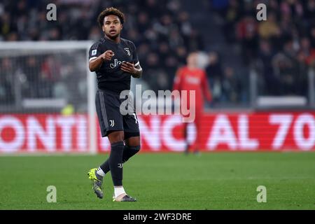 Torino, Italie. 27 janvier 2024. Weston Mckennie de Juventus FC gestes pendant le match de football Serie A entre Juventus FC et Empoli FC à Allianz Stadium le 27 janvier 2024 à Turin, Italie . Crédit : Marco Canoniero/Alamy Live News Banque D'Images