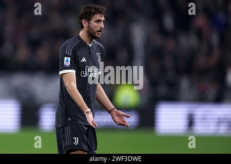 Torino, Italie. 27 janvier 2024. Manuel Locatelli de Juventus FC gestes lors du match de football Serie A entre Juventus FC et Empoli FC au stade Allianz le 27 janvier 2024 à Turin, Italie . Crédit : Marco Canoniero/Alamy Live News Banque D'Images