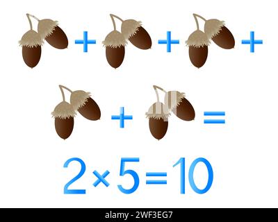 Jeux éducatifs pour les enfants, action de multiplication avec glands. Illustration de Vecteur