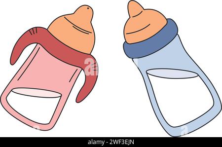 ensemble de biberons pour l'alimentation avec du lait, avec et sans poignées isolées sur fond blanc Illustration de Vecteur
