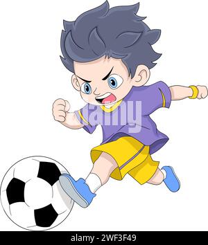 le gosse heureux est en cours d'exécution rapide jouant au football dribble le ballon, conception d'illustration créative Illustration de Vecteur