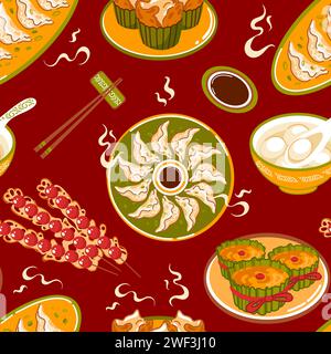 Cuisine asiatique traditionnelle pour le motif sans couture du nouvel an chinois. Nian Gao, gâteau de riz. FA Gao. Boulettes de riz du sud de Ningbo. Boules de soupe. Hawthorns confits. Illustration de Vecteur