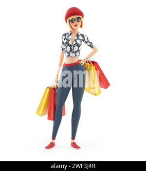 fille de mode 3d debout avec des sacs à provisions, illustration isolée sur fond blanc Banque D'Images