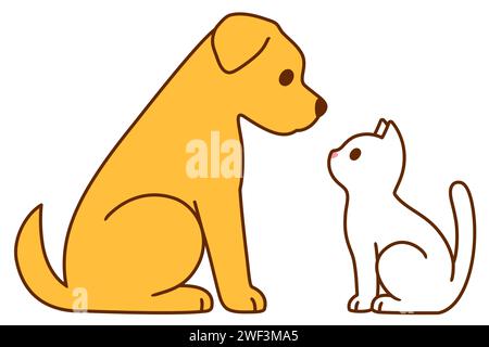 Chat de dessin animé et chien assis face à face, dessin simple. labrador doré et chatte blanche. Illustration clip art vectorielle mignonne. Illustration de Vecteur
