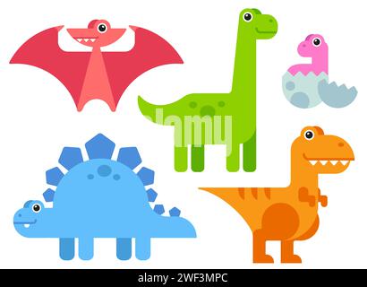 Mignons dinosaures de dessin animé mis dans un style plat minimal simple et des couleurs vives. Illustration vectorielle. Illustration de Vecteur