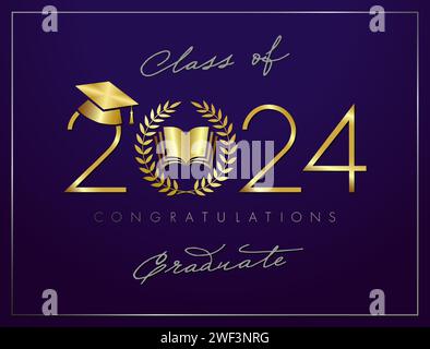 Concept créatif de certificat scolaire avec des éléments dorés et argentés. Numéro d'or 2024 avec couronne de palmier, livre ouvert et chapeau de graduation. Classe de 2024 Illustration de Vecteur