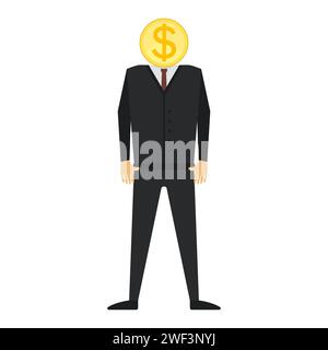 Homme avec une pièce d'or au lieu d'une tête. Illustration vectorielle. Illustration de Vecteur