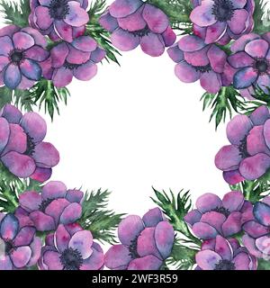 cadre carré de bouquet de fleurs d'anémone dans des couleurs violettes vives. Illustration florale aquarelle dessinée à la main. Modèle botanique avec espace pour le texte pour Banque D'Images