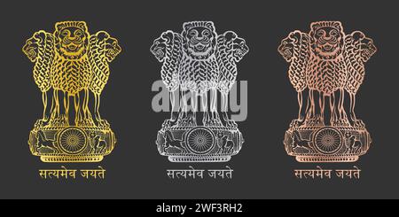Ashok Piller Satyameva Jayate symbole jeu d'icônes. Emblème de l'Inde. Symbole Ashok Stambh en couleur or, argent et bronze isolé sur fond noir. Illustration de Vecteur