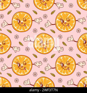 Orange un personnage de dessin animé rétro mignon. Groovy vintage modèle sans couture d'été. Style ancien à la mode. 1970s. Fruits exotiques tropicaux. Nourriture saine. Pour le menu Illustration de Vecteur