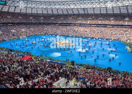 Moscou, Russie – 15 juillet 2018. Vue intérieure du stade Luzhniki lors de la cérémonie de clôture de la coupe du monde 2018 avant le match final France vs Croatie Banque D'Images