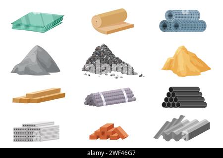 Ensemble de matériaux de construction et de rénovation. Pile de sable et de pierres, blocs de métal et de bois, pieux de toit et pile de tuyaux en acier et de briques, collection pour illustration vectorielle de dessin animé de chantier de construction Illustration de Vecteur