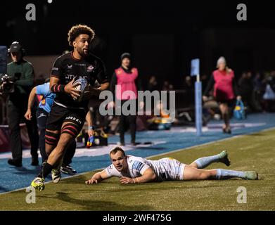 Saracens Andy Christie et Exeter Chiefs Andy Christie en action lors des Saracens vs Exeter Chiefs, Stone X Stadium, Barnet, Londres Royaume-Uni le 26 janvier 2024. Photo de Gary Mitchell Banque D'Images