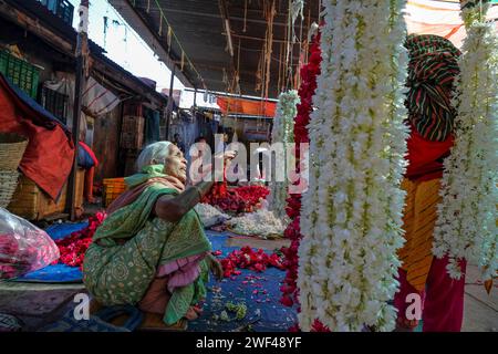 Vadodara, Inde - 14 janvier 2024 : vendeurs de fleurs au marché Khanderao à Vadodara, Gujarat, Inde. Banque D'Images