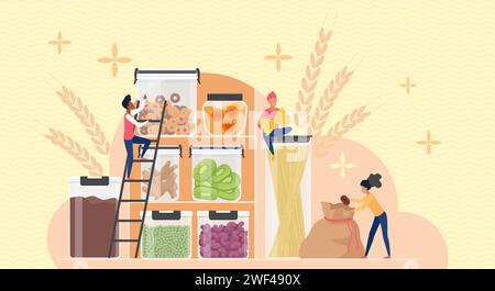 Stockage de produits secs en vrac d'épicerie dans le garde-manger de cuisine. Petites personnes emballant des morceaux de fruits secs et tas de céréales, spaghetti et café dans des récipients en plastique ou en verre illustration vectorielle de dessin animé Illustration de Vecteur