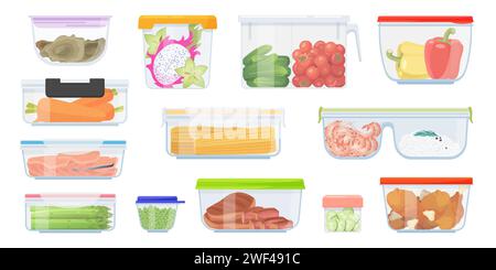 Ensemble de récipients en plastique ou en verre pour le stockage des aliments à lunch. Viande et poisson cuits, légumes frais et morceaux de fruits pour pique-nique, différents restes de dîner préparés illustration vectorielle de dessin animé Illustration de Vecteur