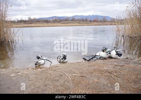 Photo de réservoirs de plongée couchés sur le rivage Banque D'Images