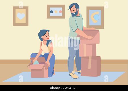 Déplacement de boîtes. Déménagement familial. Homme et femme emballant des trucs dans des conteneurs. Couple heureux déménageant dans un nouvel appartement. Transport de marchandises. Service de livraison. Les gens portent des caisses en carton. Concept de vecteur Illustration de Vecteur