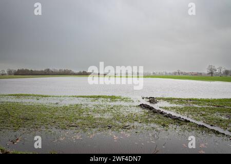 Hochwasser- überflutete Felder Weihnachten 2023 à Niedersachsen. Im Herbst und Winter 2023 kam es in Deutschland zu besonders intensiven Niederschlägen, die in den letzten Tagen des Jahres besonders in Norddeutschland zu flächigen Überschwemmungen führten. Nach wochenlangen intensiven Regenfällen waren viele Binnendeiche durchweicht und konnten dem Druck der angeschwollenen Flüsse nicht in jedem fall standhalten. Lembruch Dümmerniederungen Niedersachsen *** inondations champs inondés Noël 2023 en Basse-Saxe à l'automne et à l'hiver 2023, l'Allemagne a connu des précipitations particulièrement intenses, Banque D'Images