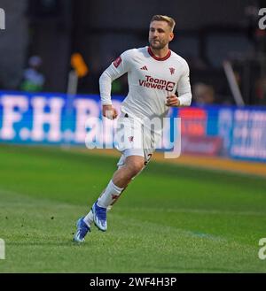 Rodney Parade, Newport, Royaume-Uni. 28 janvier 2024. FA Cup Fourth Round football, Newport County contre Manchester United ; Luke Shaw de Manchester United crédit : action plus Sports/Alamy Live News Banque D'Images