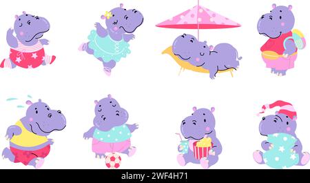 Hippopotame drôle. Les enfants mascottes hippotames, les animaux dansent le ballet, jouent au football, mangent et vont dormir. Personnages animaux mignons pour les autocollants, vecteur nowaday Illustration de Vecteur