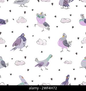 Motif sans couture de pigeon de dessin animé. Pigeons diverses émotions, colombe drôle isolée. Conception d'impression de tissu mignon d'oiseaux urbains, fond vectoriel nowaday Illustration de Vecteur