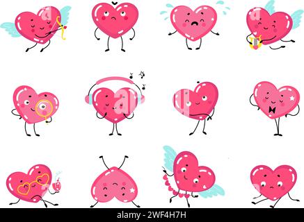 Personnages mignons de coeurs de dessin animé. Symboles de la Saint Valentin, cœur romantique dans différentes poses et émotions. Signe marié ou amour, stickers nowaday Illustration de Vecteur