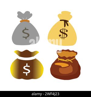 Sac d'argent avec argent, pièce de monnaie et barre d'or. Pile de lingots ou lingots d'or brillants et sac d'argent avec des pièces de monnaie. Concept commercial. Icône pour le Web, les jeux, les applications Illustration de Vecteur