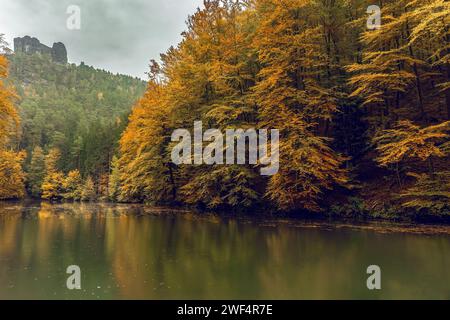 Paysage impression d'un chemin de randonnée dans la suisse de saxe, allemagne, en octobre, automne Banque D'Images