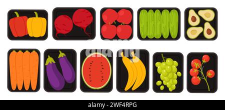 Légumes et fruits dans des plateaux en plastique. Récipients noirs en polystyrène de formes carrées et rectangulaires, produits alimentaires crus de supermarché ou de marché agricole pour manger et cuisiner illustration vectorielle de dessin animé Illustration de Vecteur