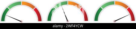 Indicateur à cadran de vitesse, compteur vert et rouge, ensemble de baromètres bas et haut de collection, icônes de compteur de vitesse définies, niveau de l'indicateur Illustration de Vecteur