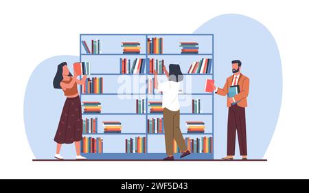 Le personnel de la bibliothèque a mis des livres sur des étagères. Hommes et femmes près de l'étagère. Travailleurs d'atelier. Connaissance et éducation. Lire les gens. Heureux vers de livres. Dessin animé plat Illustration de Vecteur